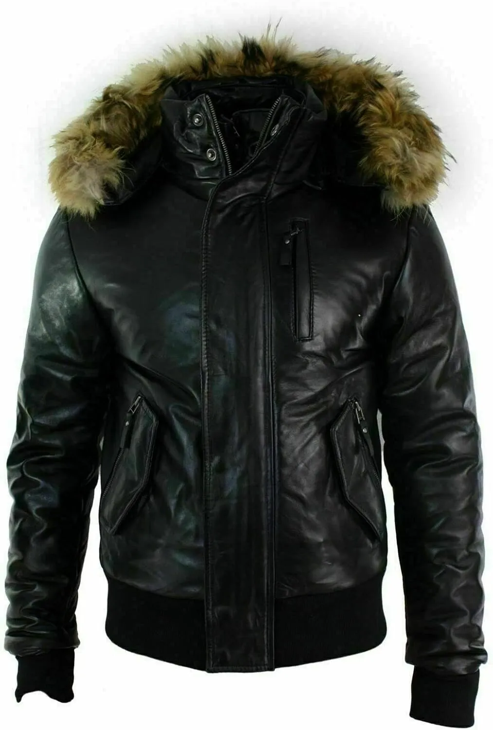 Men's Classic Stylish Real Fur Hooded Bomber Motorcycle Real Sheepskin Black Leather Jacket Puffer Padded Black Leather Coat