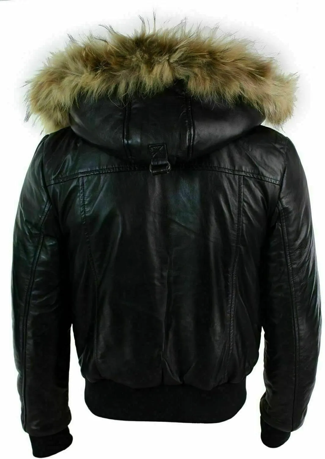 Men's Classic Stylish Real Fur Hooded Bomber Motorcycle Real Sheepskin Black Leather Jacket Puffer Padded Black Leather Coat