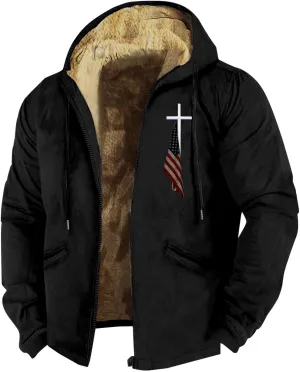 Mens Fleece Jacket 3D Printed Flag Hooded Brown Zipper Personalized Casual Cotton Jacket Men Shorts China Jacket Men