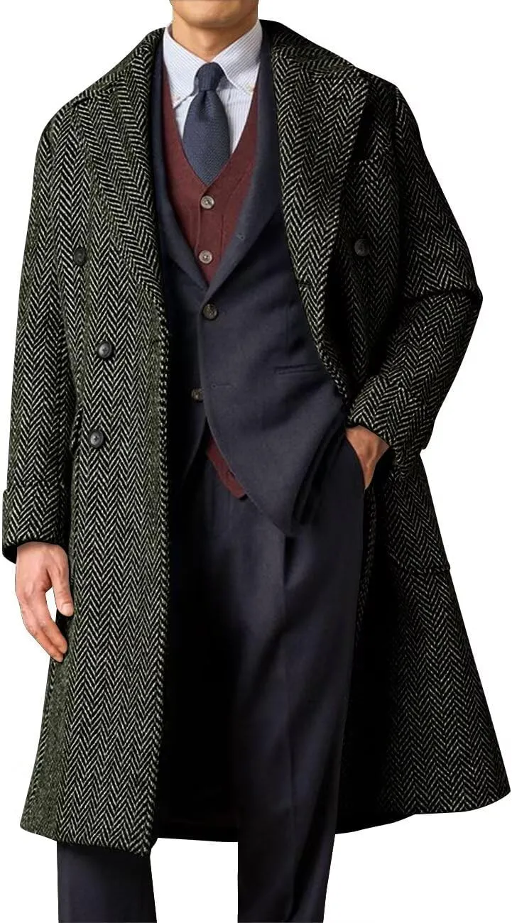 Mens Herringbone Tweed Trench Coat Double Breasted Notched Lapel Long Peacoat Slim Fit Business Winter Overcoats