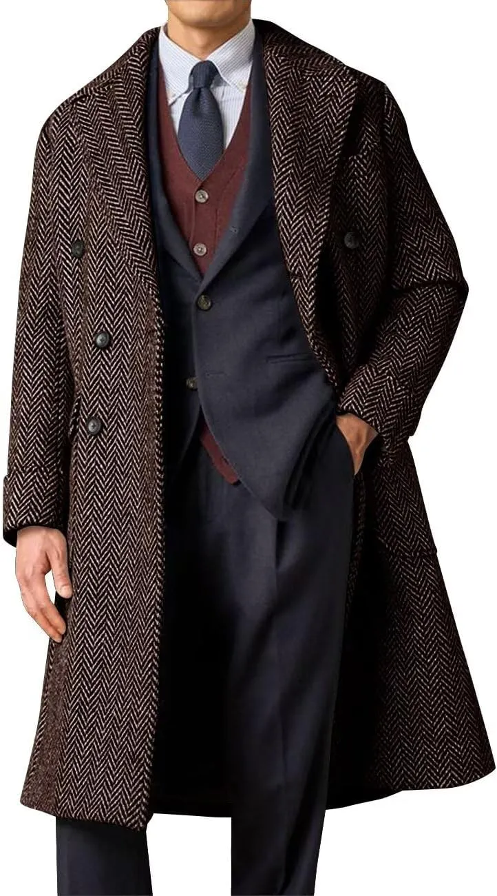 Mens Herringbone Tweed Trench Coat Double Breasted Notched Lapel Long Peacoat Slim Fit Business Winter Overcoats