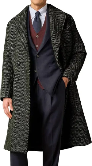 Mens Herringbone Tweed Trench Coat Double Breasted Notched Lapel Long Peacoat Slim Fit Business Winter Overcoats