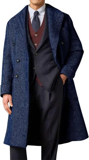 Mens Herringbone Tweed Trench Coat Double Breasted Notched Lapel Long Peacoat Slim Fit Business Winter Overcoats