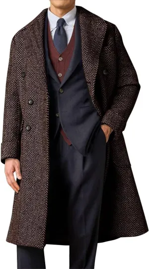 Mens Herringbone Tweed Trench Coat Double Breasted Notched Lapel Long Peacoat Slim Fit Business Winter Overcoats