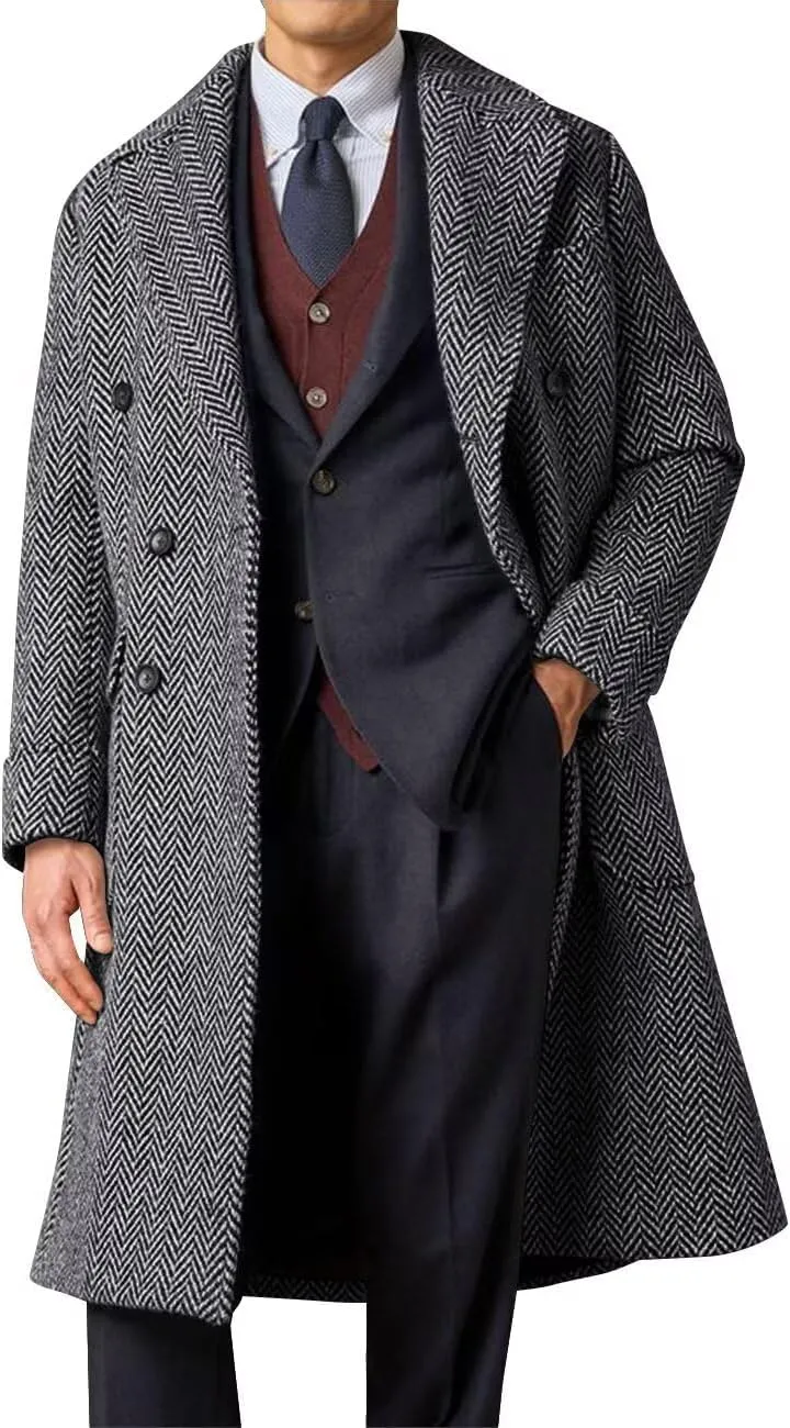Mens Herringbone Tweed Trench Coat Double Breasted Notched Lapel Long Peacoat Slim Fit Business Winter Overcoats