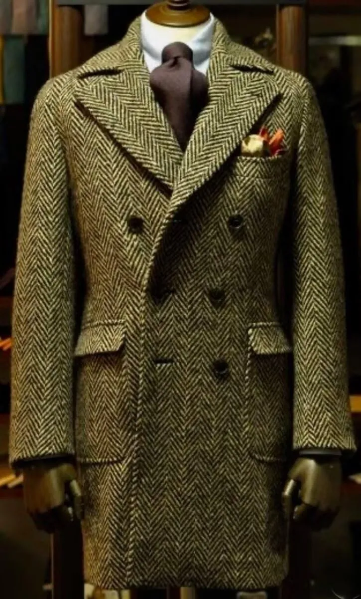 Mens Herringbone Tweed Trench Coat Double Breasted Notched Lapel Long Peacoat Slim Fit Business Winter Overcoats