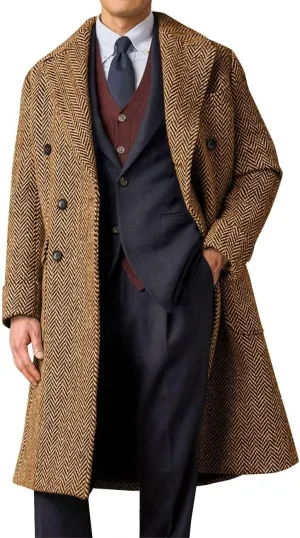 Mens Herringbone Tweed Trench Coat Double Breasted Notched Lapel Long Peacoat Slim Fit Business Winter Overcoats