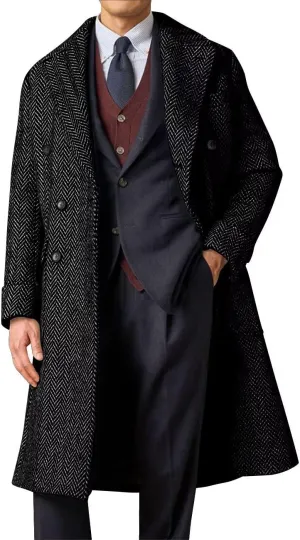 Mens Herringbone Tweed Trench Coat Double Breasted Notched Lapel Long Peacoat Slim Fit Business Winter Overcoats