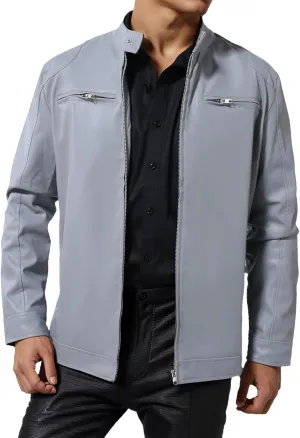 Men's Leather Bomber Jacket Lightweight Spring Fall Casual Windbreaker Full Zip Long Sleeve Outwear Plus Size Coat
