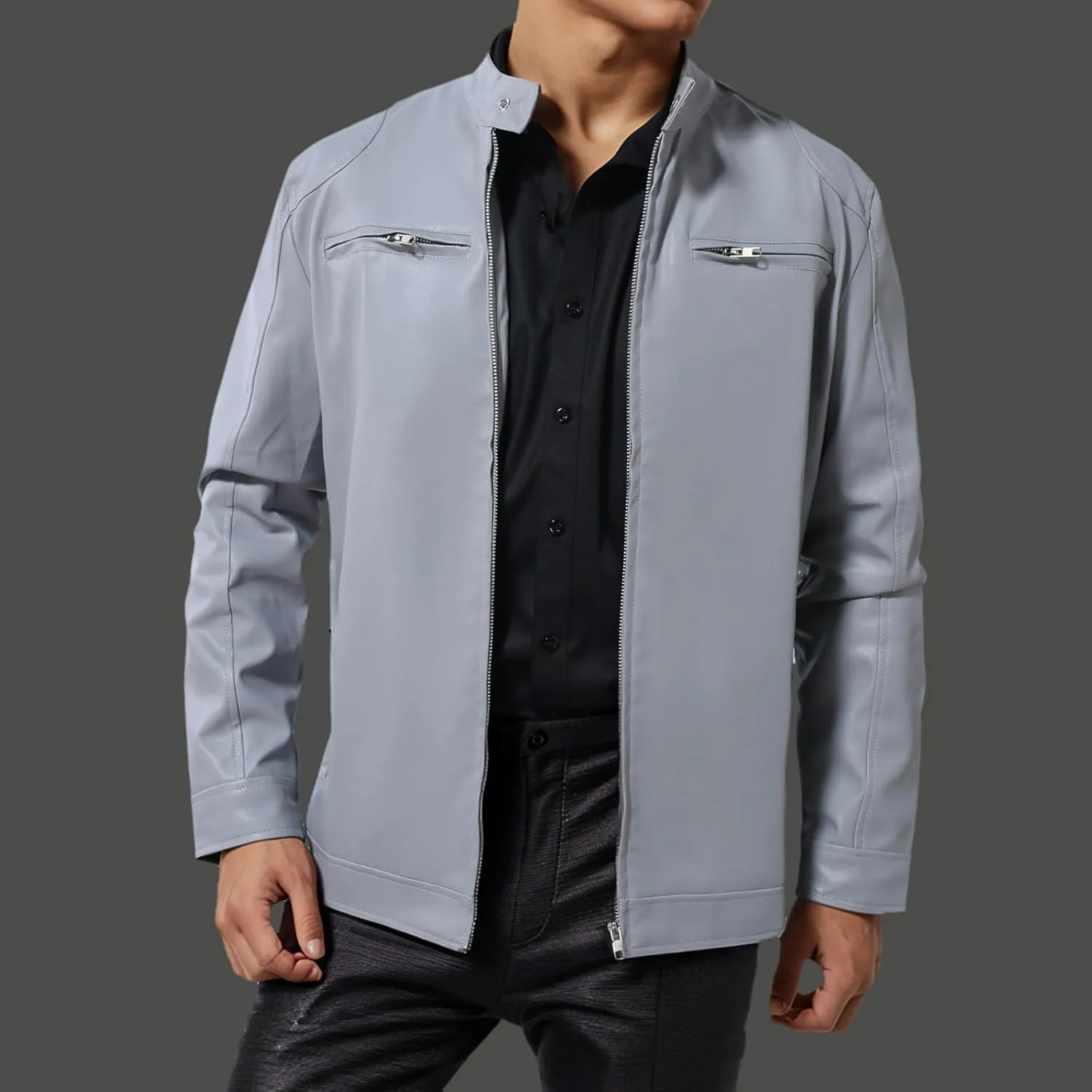 Men's Leather Bomber Jacket Lightweight Spring Fall Casual Windbreaker Full Zip Long Sleeve Outwear Plus Size Coat