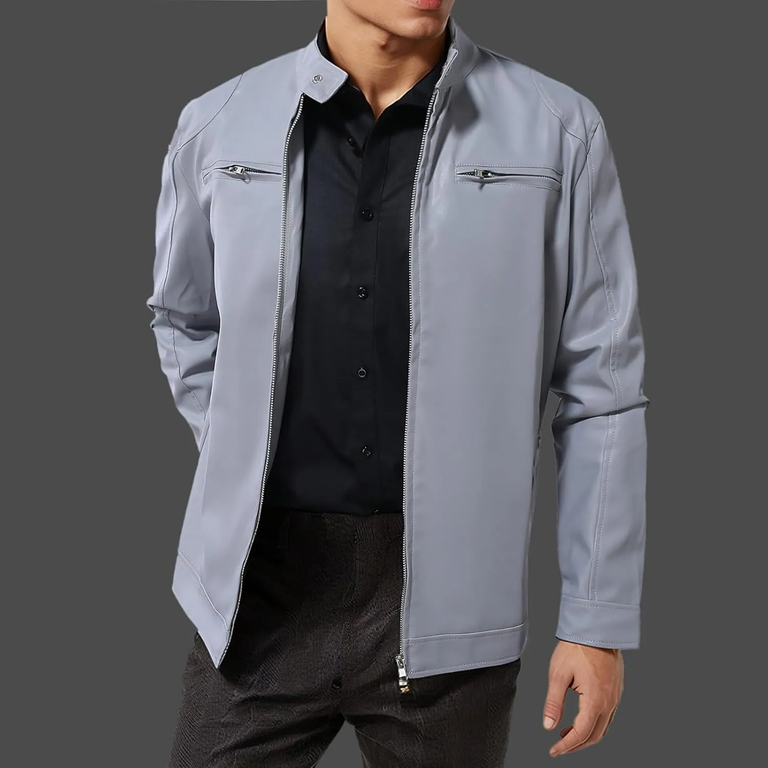 Men's Leather Bomber Jacket Lightweight Spring Fall Casual Windbreaker Full Zip Long Sleeve Outwear Plus Size Coat