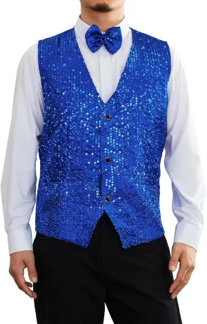 Mens Sequin Vests Dress Suit Vest Casual Shiny Waistcoat Bowtie Set with Pockets for Party Tuxedo Prom Wedding