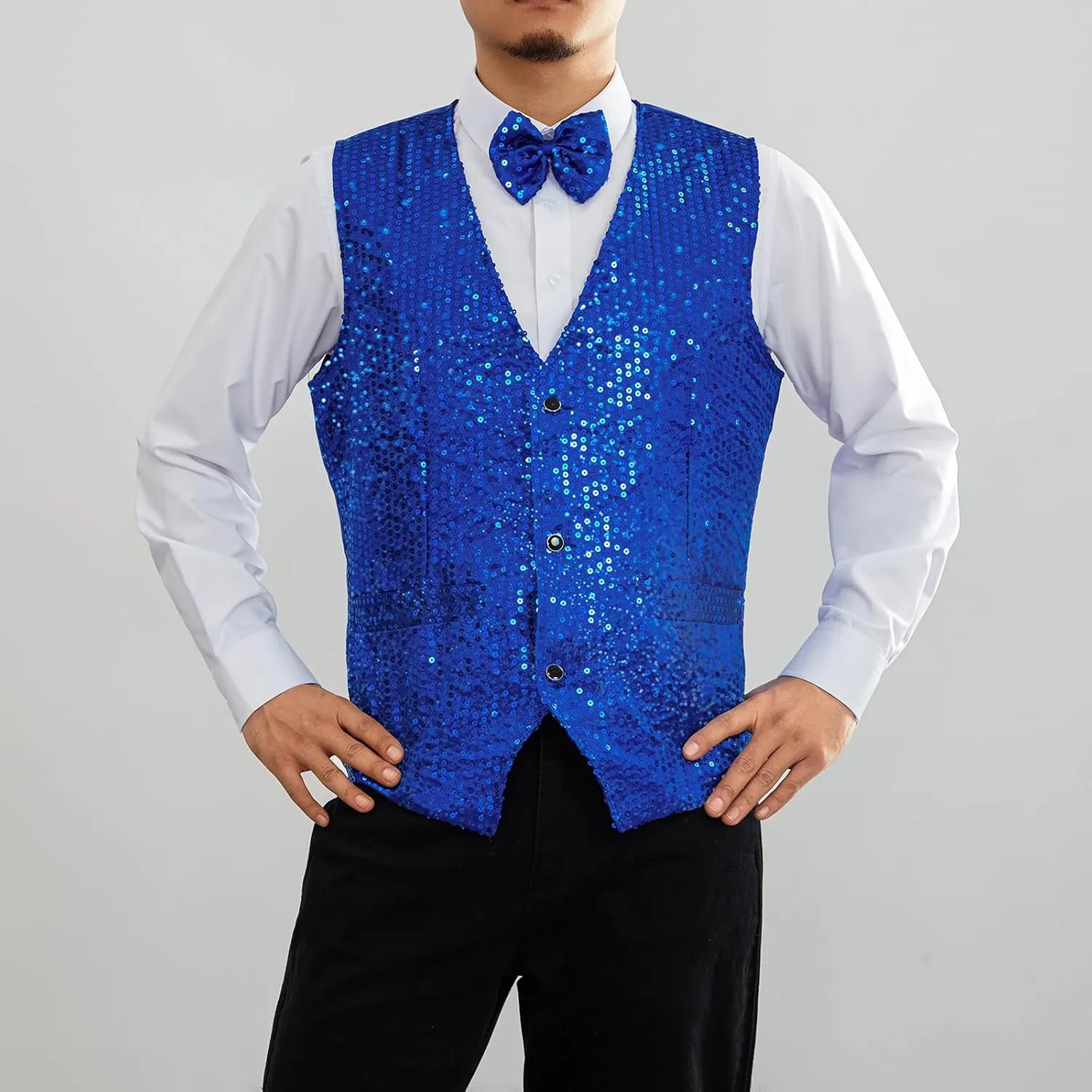Mens Sequin Vests Dress Suit Vest Casual Shiny Waistcoat Bowtie Set with Pockets for Party Tuxedo Prom Wedding