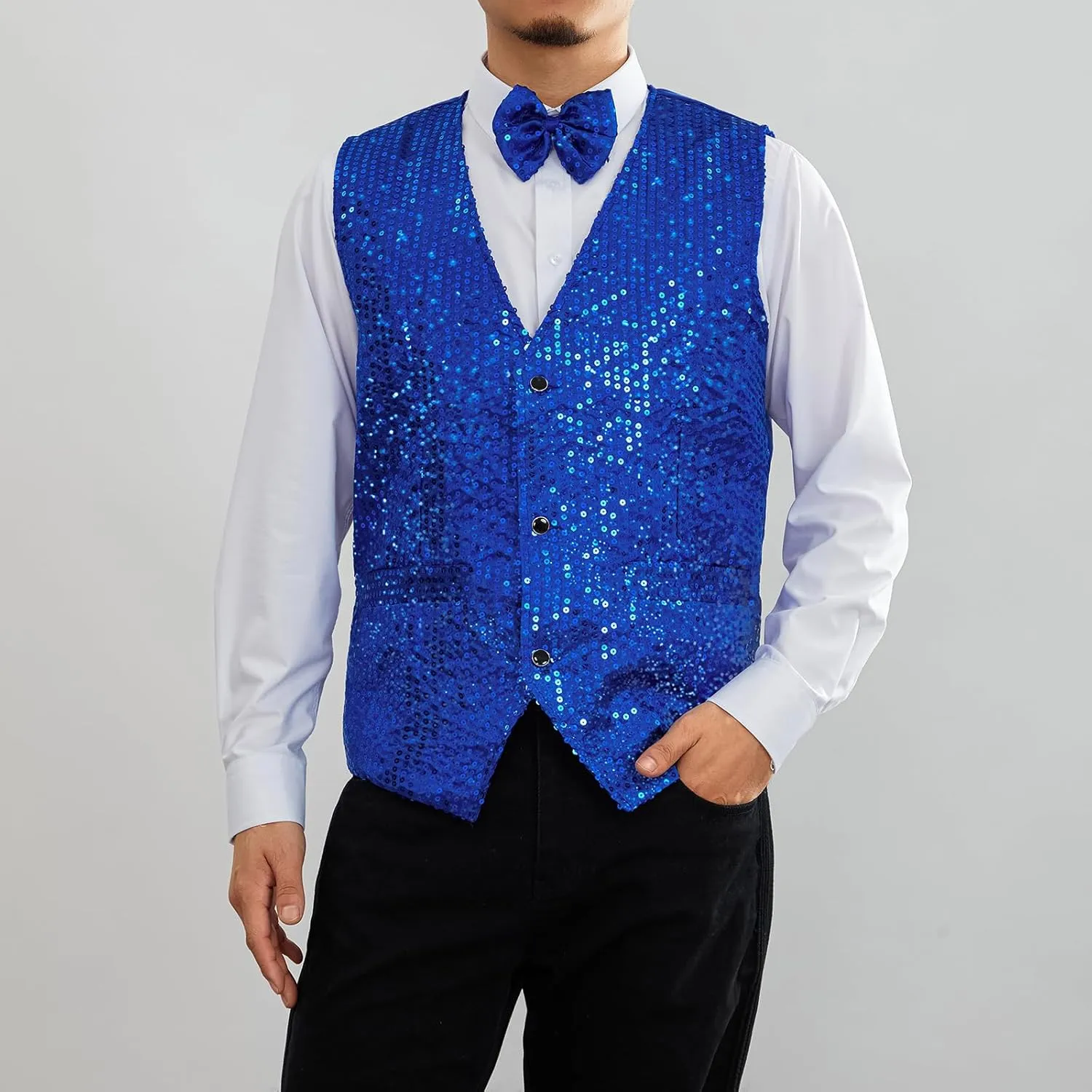 Mens Sequin Vests Dress Suit Vest Casual Shiny Waistcoat Bowtie Set with Pockets for Party Tuxedo Prom Wedding