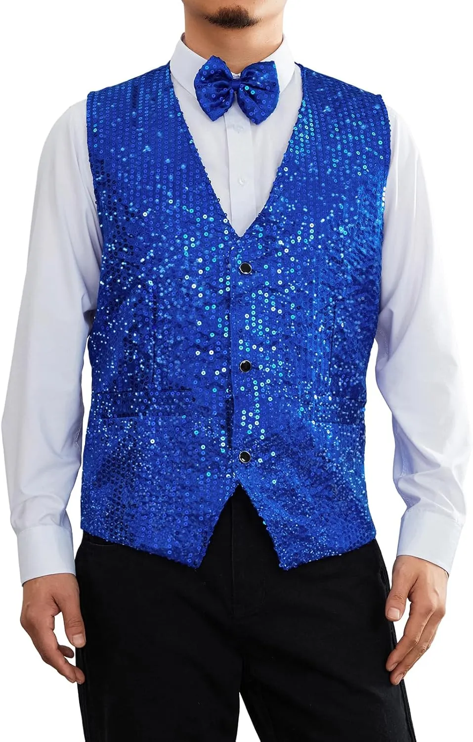 Mens Sequin Vests Dress Suit Vest Casual Shiny Waistcoat Bowtie Set with Pockets for Party Tuxedo Prom Wedding