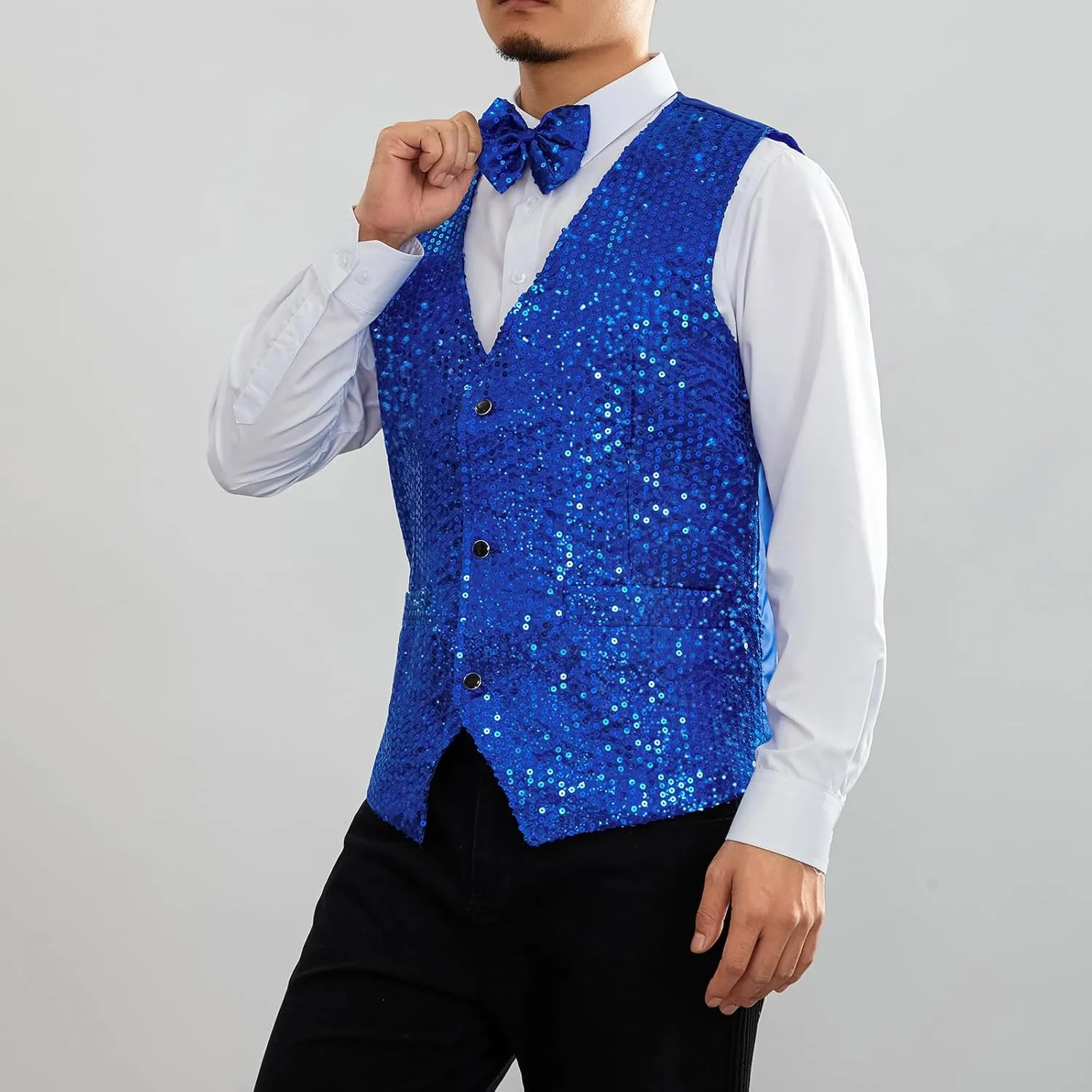 Mens Sequin Vests Dress Suit Vest Casual Shiny Waistcoat Bowtie Set with Pockets for Party Tuxedo Prom Wedding