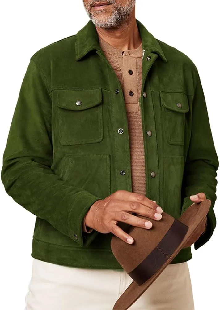 Men's Suede Leather Jacket - Western Style Cowboy Trucker Leather Jackets for Adult Outerwear