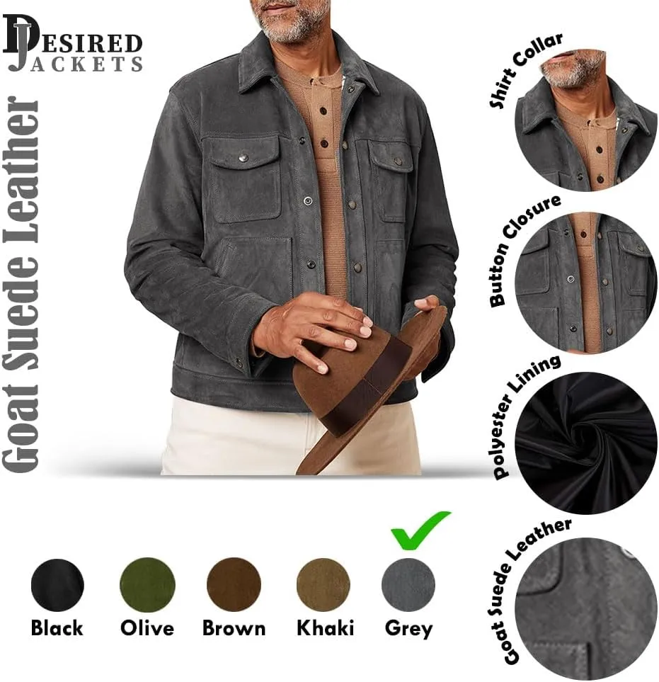 Men's Suede Leather Jacket - Western Style Cowboy Trucker Leather Jackets for Adult Outerwear