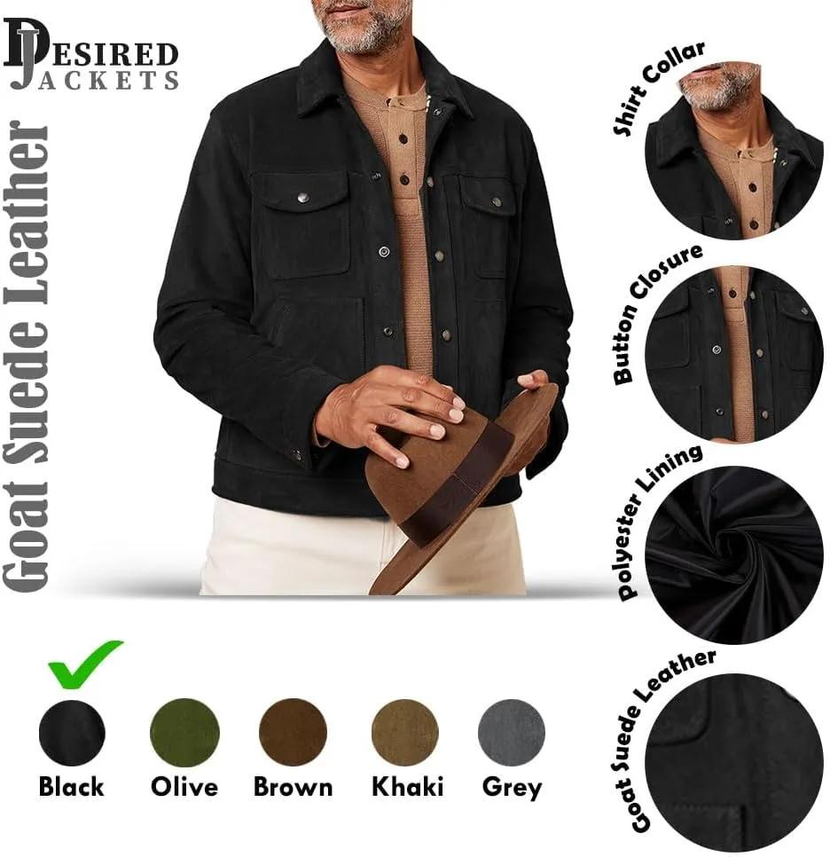 Men's Suede Leather Jacket - Western Style Cowboy Trucker Leather Jackets for Adult Outerwear