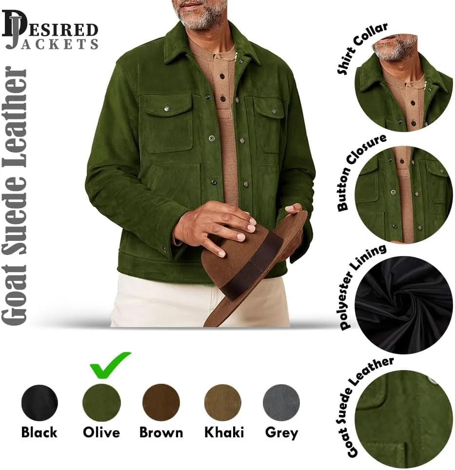 Men's Suede Leather Jacket - Western Style Cowboy Trucker Leather Jackets for Adult Outerwear