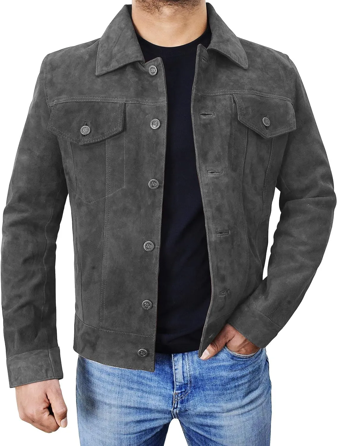 Men's Suede Leather Jacket - Western Style Cowboy Trucker Leather Jackets for Adult Outerwear