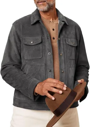 Men's Suede Leather Jacket - Western Style Cowboy Trucker Leather Jackets for Adult Outerwear