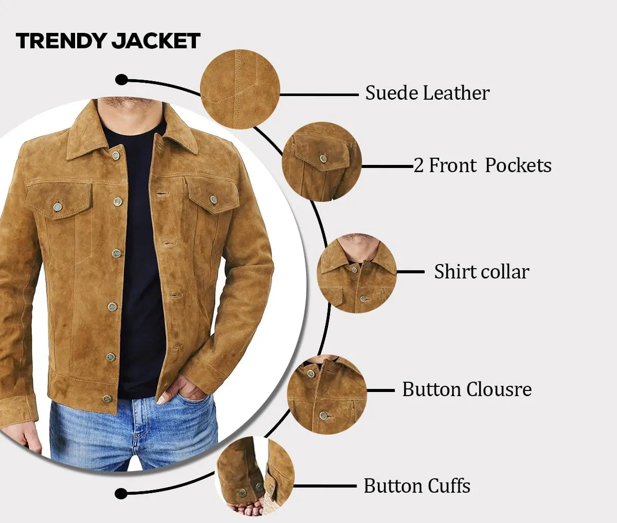 Men's Suede Leather Jacket - Western Style Cowboy Trucker Leather Jackets for Adult Outerwear
