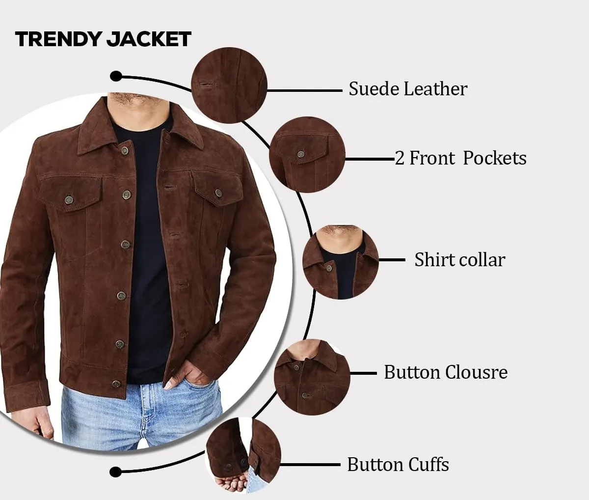Men's Suede Leather Jacket - Western Style Cowboy Trucker Leather Jackets for Adult Outerwear