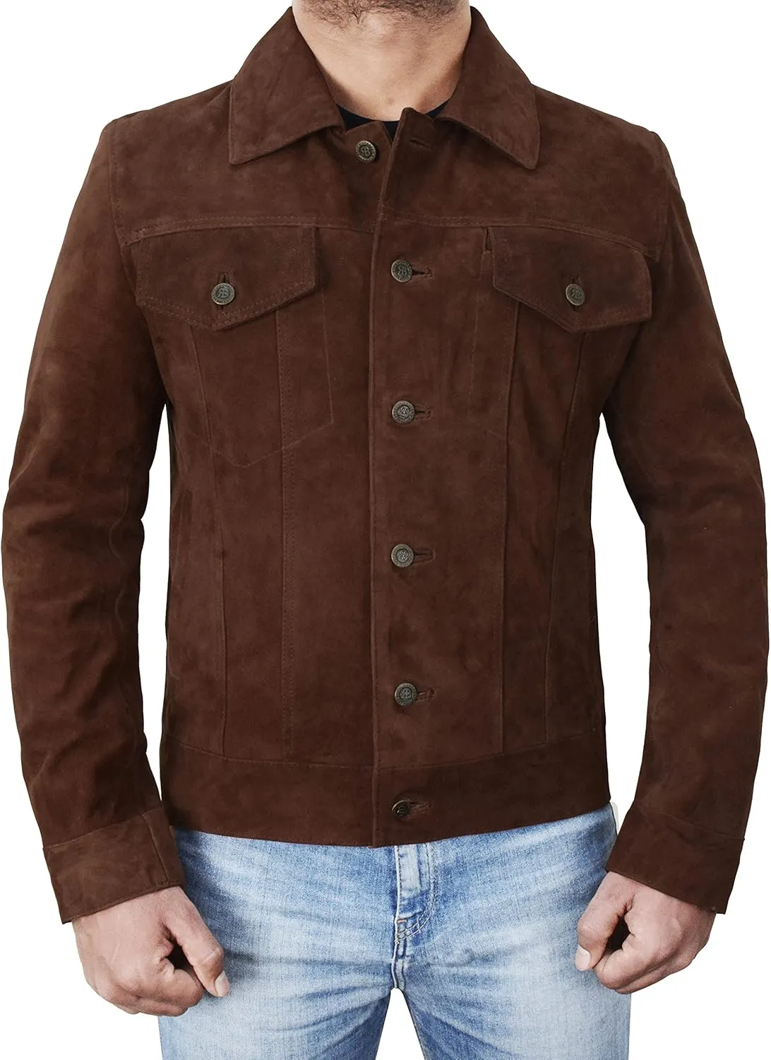 Men's Suede Leather Jacket - Western Style Cowboy Trucker Leather Jackets for Adult Outerwear