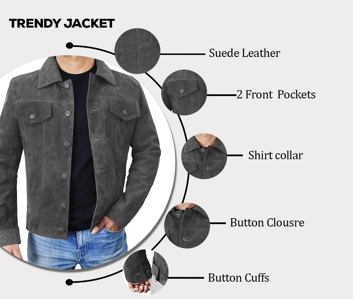 Men's Suede Leather Jacket - Western Style Cowboy Trucker Leather Jackets for Adult Outerwear