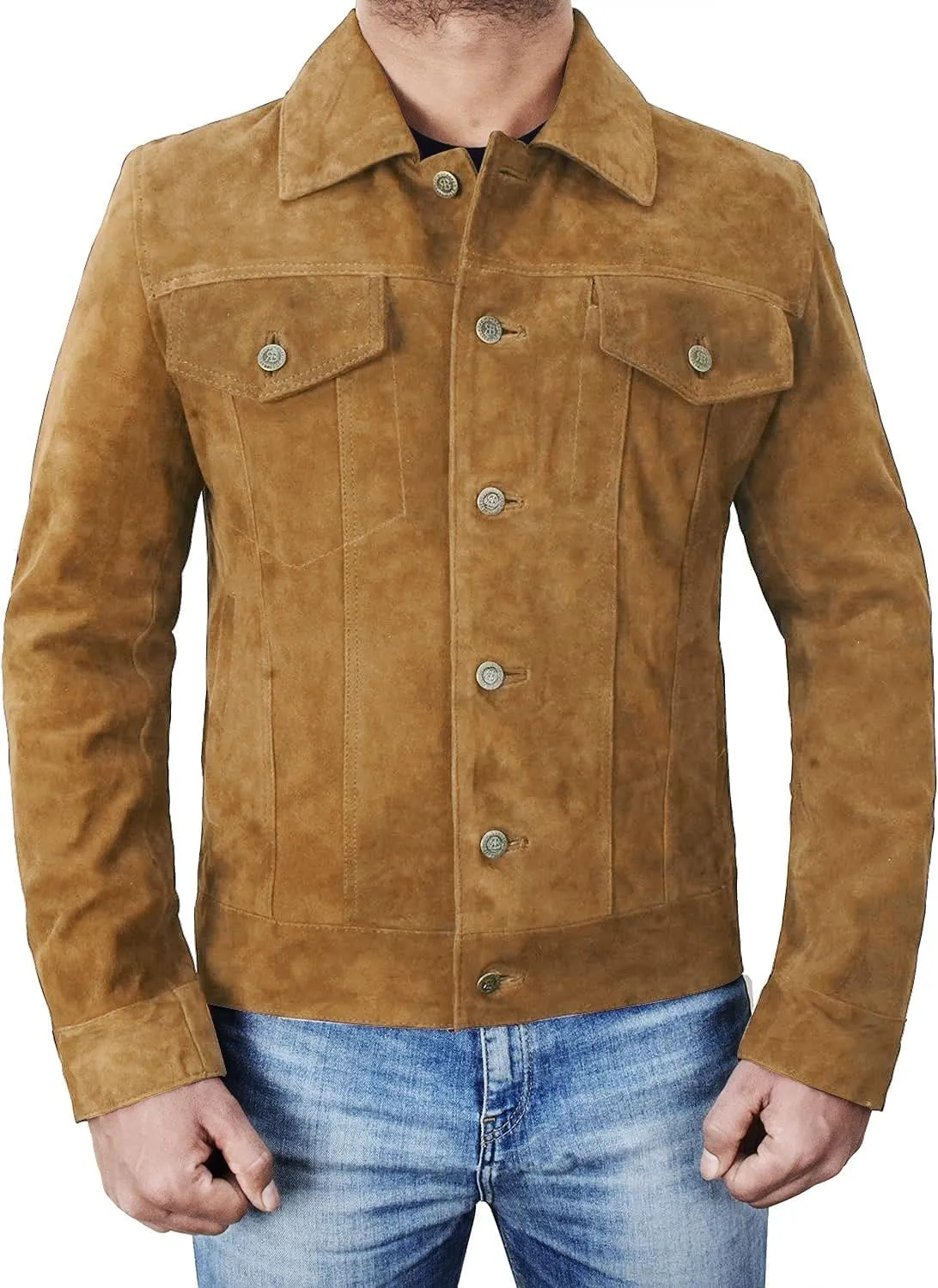 Men's Suede Leather Jacket - Western Style Cowboy Trucker Leather Jackets for Adult Outerwear