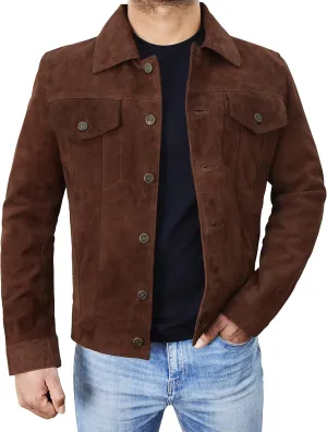 Men's Suede Leather Jacket - Western Style Cowboy Trucker Leather Jackets for Adult Outerwear