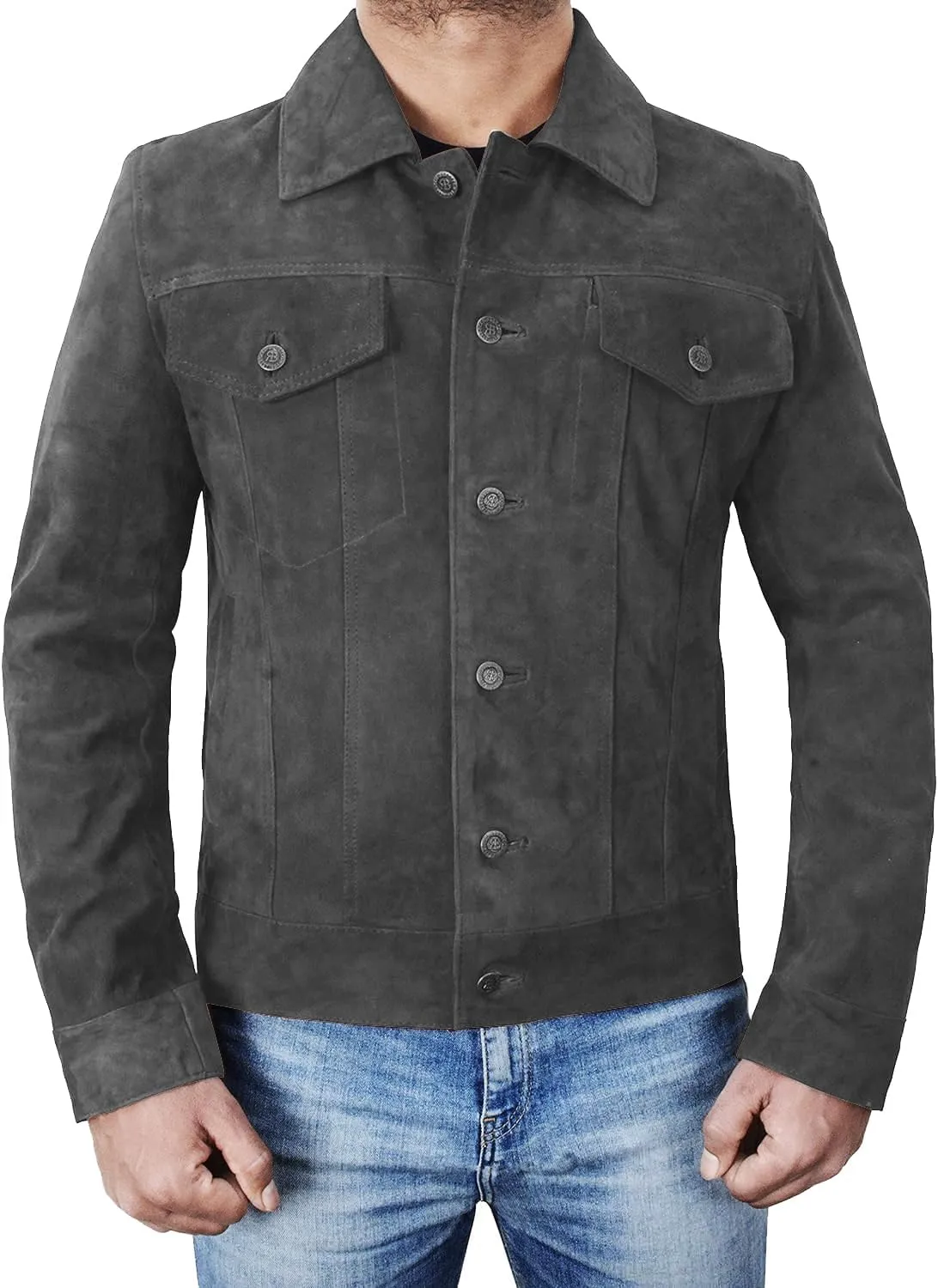 Men's Suede Leather Jacket - Western Style Cowboy Trucker Leather Jackets for Adult Outerwear