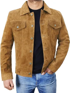 Men's Suede Leather Jacket - Western Style Cowboy Trucker Leather Jackets for Adult Outerwear