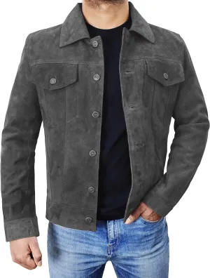Men's Suede Leather Jacket - Western Style Cowboy Trucker Leather Jackets for Adult Outerwear