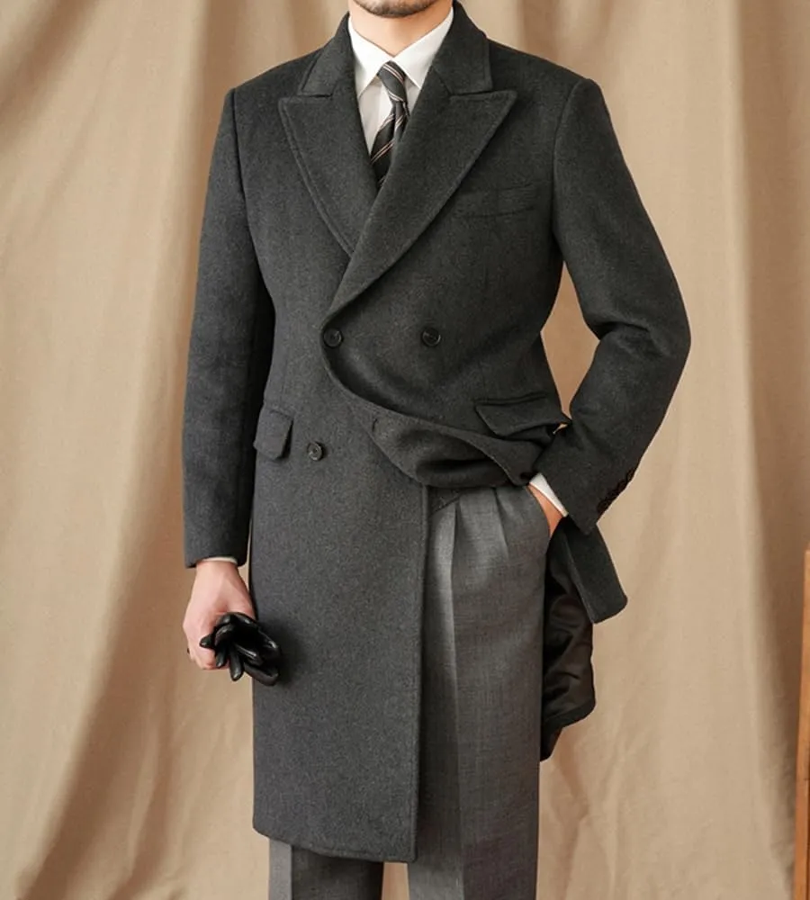 Mens Trench Overcoat Long Jacket Peak Lapel Slim Fit Double Breasted Classic Fall Winter Topcoat