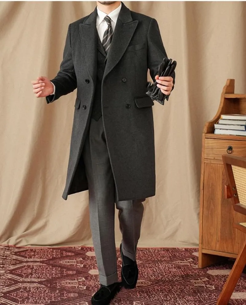 Mens Trench Overcoat Long Jacket Peak Lapel Slim Fit Double Breasted Classic Fall Winter Topcoat