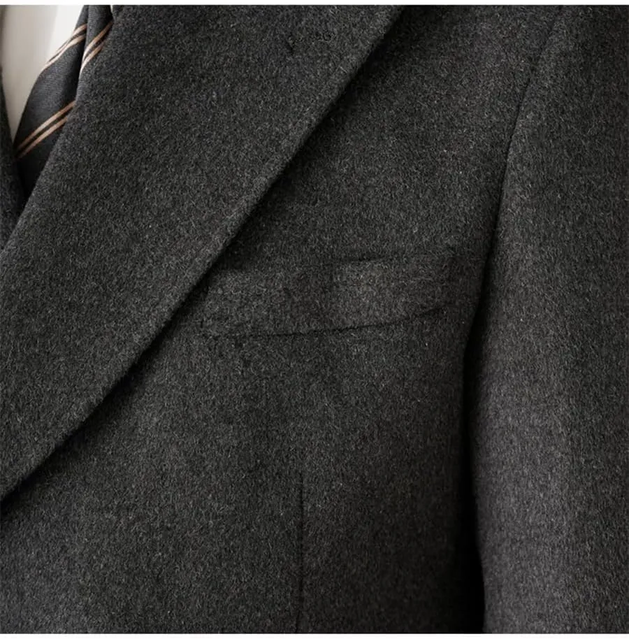 Mens Trench Overcoat Long Jacket Peak Lapel Slim Fit Double Breasted Classic Fall Winter Topcoat