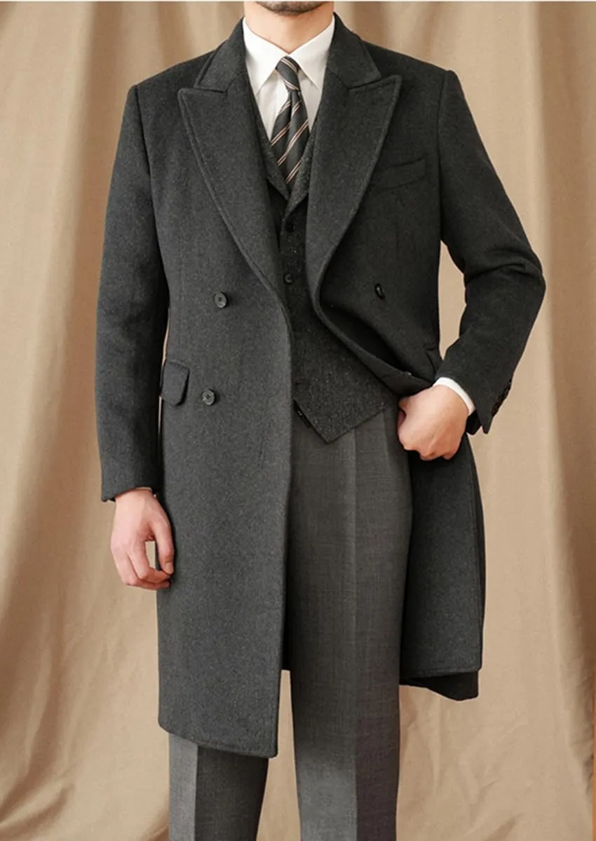 Mens Trench Overcoat Long Jacket Peak Lapel Slim Fit Double Breasted Classic Fall Winter Topcoat