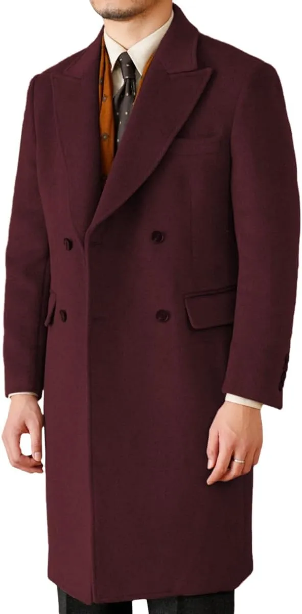Mens Trench Overcoat Long Jacket Peak Lapel Slim Fit Double Breasted Classic Fall Winter Topcoat