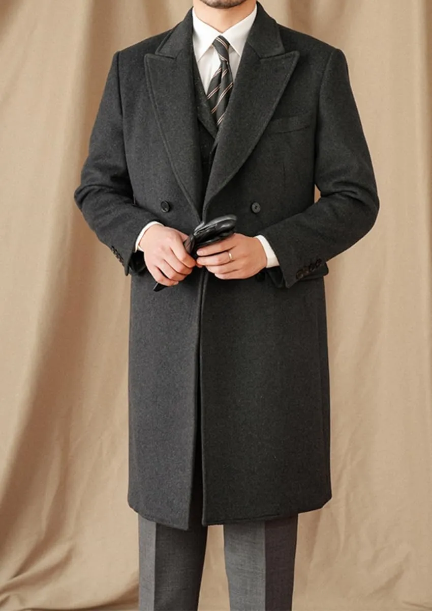 Mens Trench Overcoat Long Jacket Peak Lapel Slim Fit Double Breasted Classic Fall Winter Topcoat