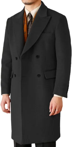 Mens Trench Overcoat Long Jacket Peak Lapel Slim Fit Double Breasted Classic Fall Winter Topcoat