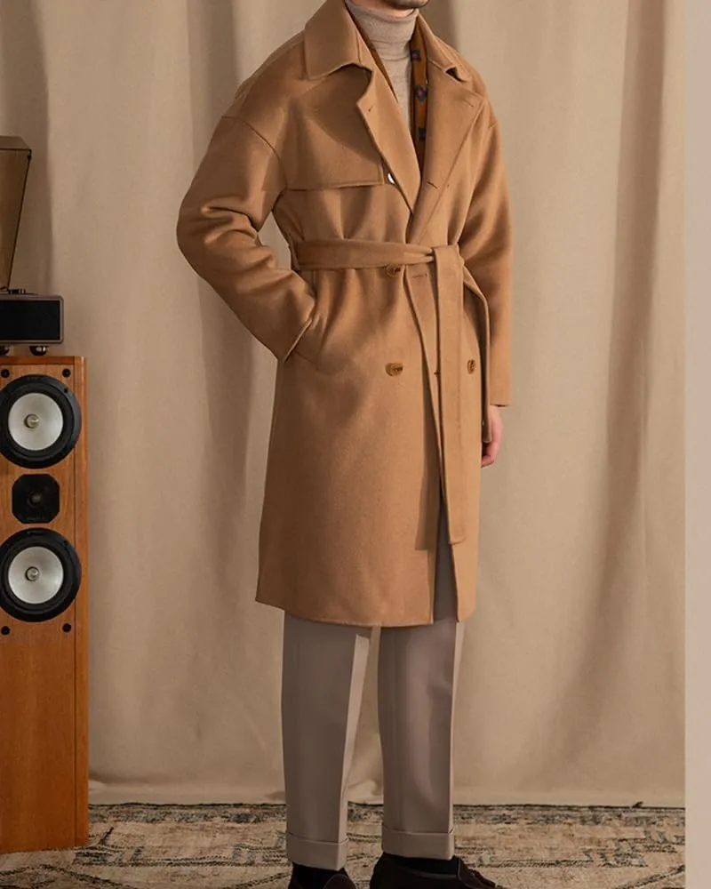 Mens Trench Overcoat Wool Blend Long Pea Coat Double Breasted Fall Winter Trendy Topcoat with Belt