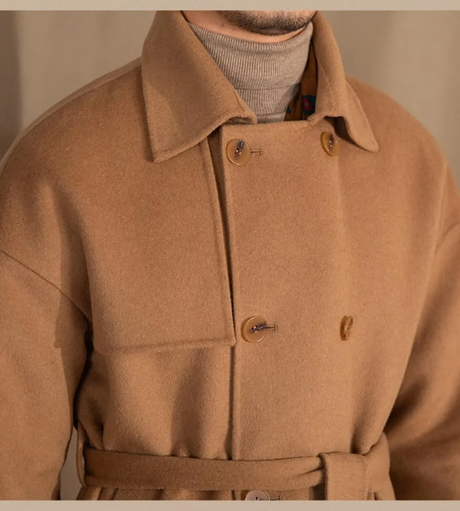 Mens Trench Overcoat Wool Blend Long Pea Coat Double Breasted Fall Winter Trendy Topcoat with Belt