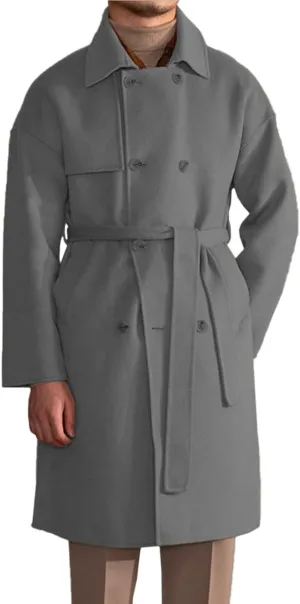 Mens Trench Overcoat Wool Blend Long Pea Coat Double Breasted Fall Winter Trendy Topcoat with Belt