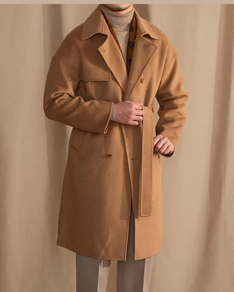 Mens Trench Overcoat Wool Blend Long Pea Coat Double Breasted Fall Winter Trendy Topcoat with Belt