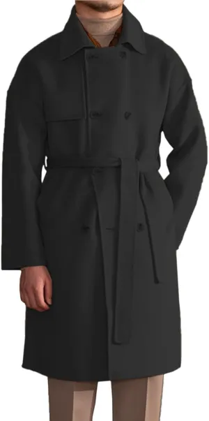 Mens Trench Overcoat Wool Blend Long Pea Coat Double Breasted Fall Winter Trendy Topcoat with Belt