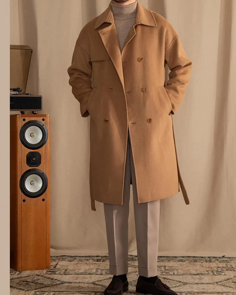 Mens Trench Overcoat Wool Blend Long Pea Coat Double Breasted Fall Winter Trendy Topcoat with Belt
