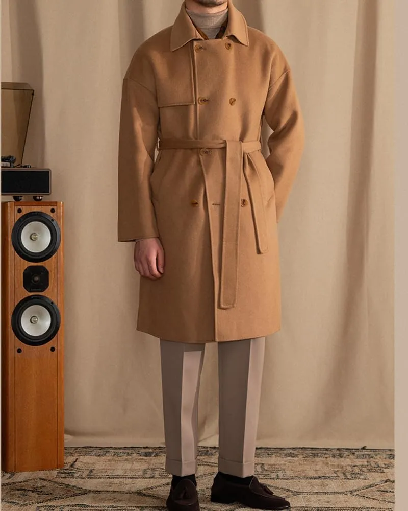Mens Trench Overcoat Wool Blend Long Pea Coat Double Breasted Fall Winter Trendy Topcoat with Belt
