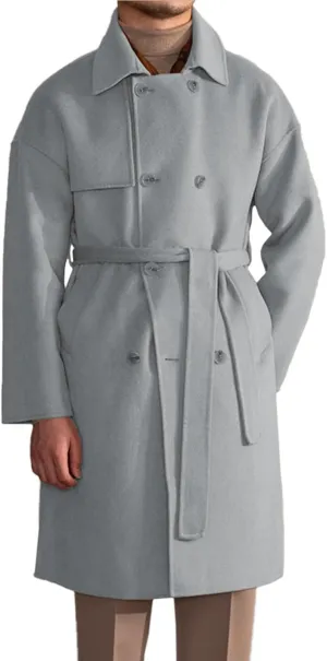 Mens Trench Overcoat Wool Blend Long Pea Coat Double Breasted Fall Winter Trendy Topcoat with Belt